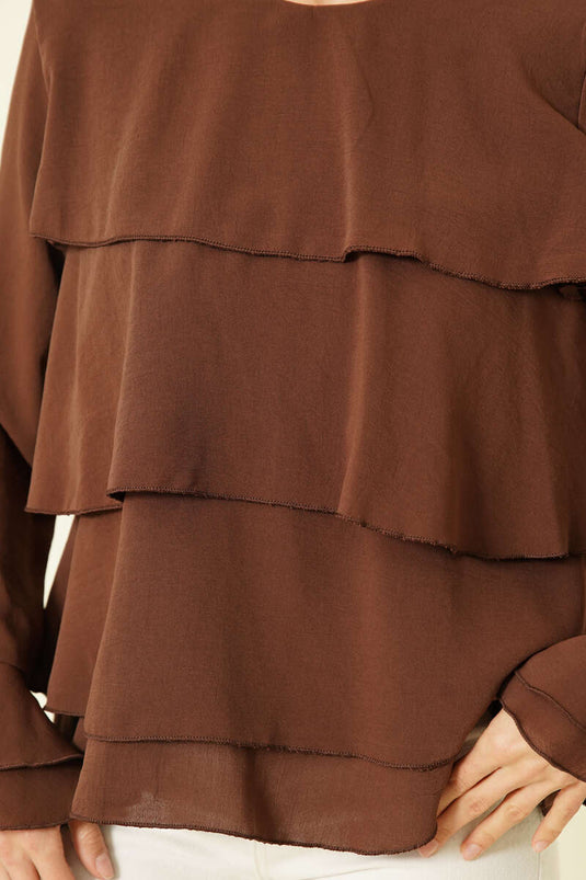 Blouse à volants aux manches volantées marron
