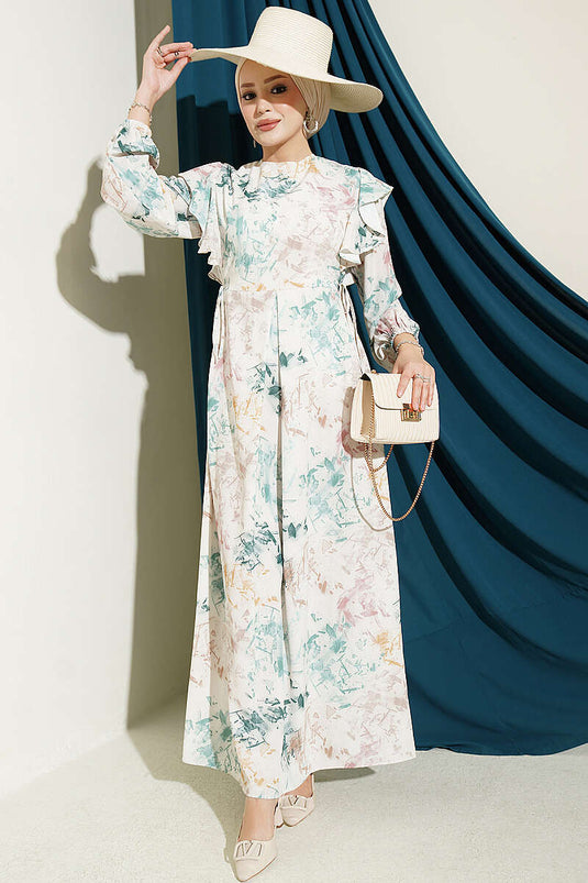Robe À Volants Et Motifs Avec Nœud Beige