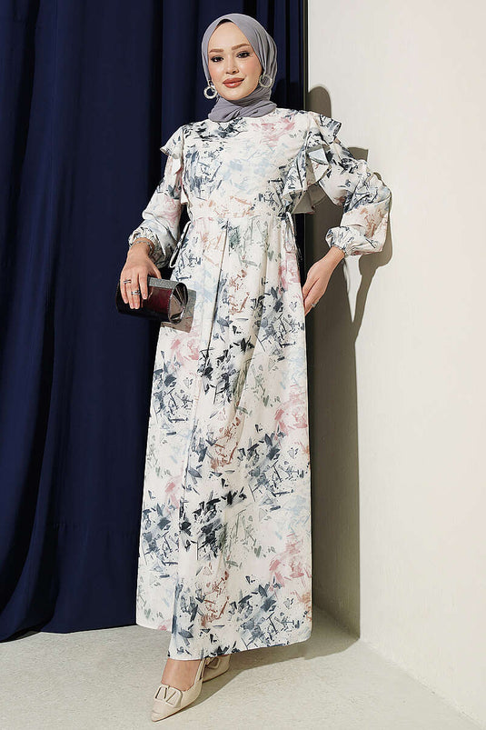 Robe À Volants Et Motifs, Avec Nœud En Écru