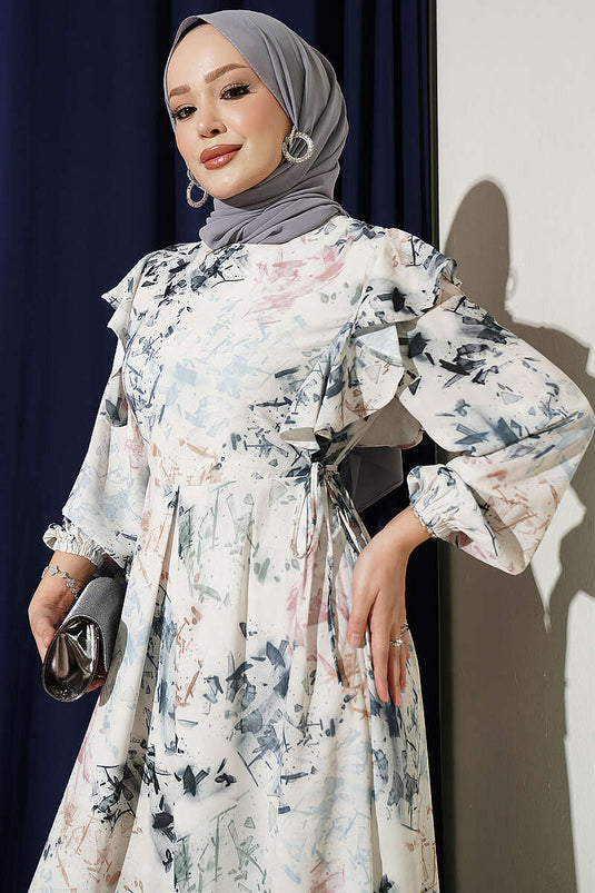 Robe À Volants Et Motifs, Avec Nœud En Écru