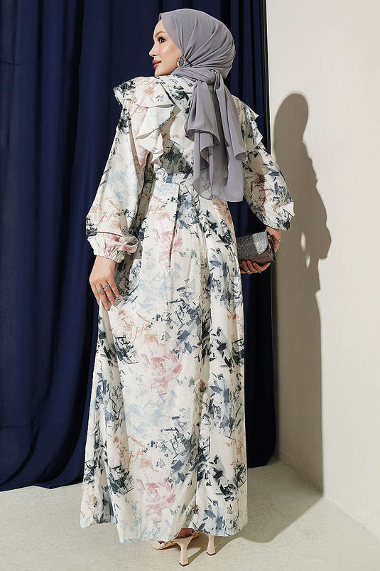 Robe À Volants Et Motifs, Avec Nœud En Écru