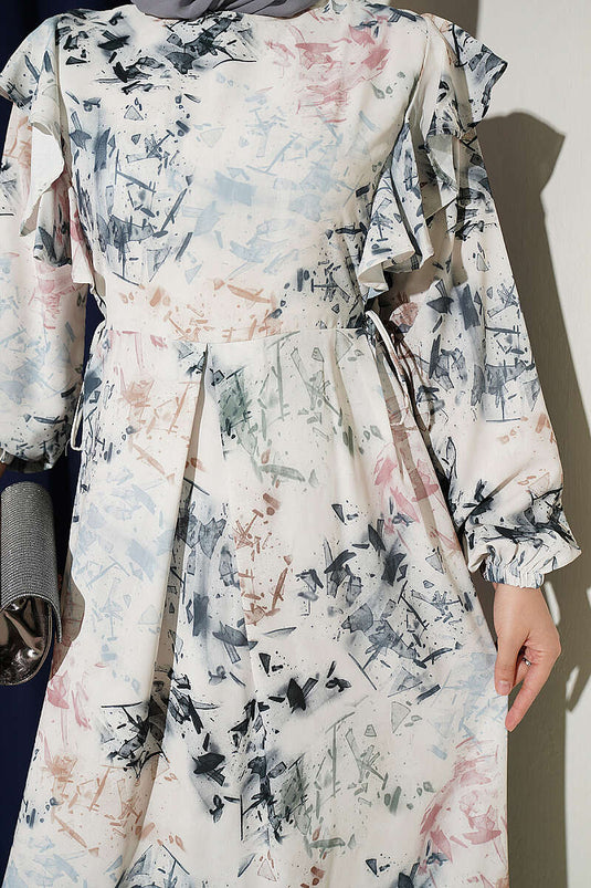 Robe À Volants Et Motifs, Avec Nœud En Écru