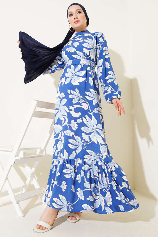 Volanlı Desenli Kuşaklı Elbise İndigo