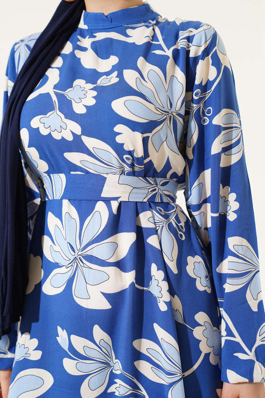 Volanlı Desenli Kuşaklı Elbise İndigo