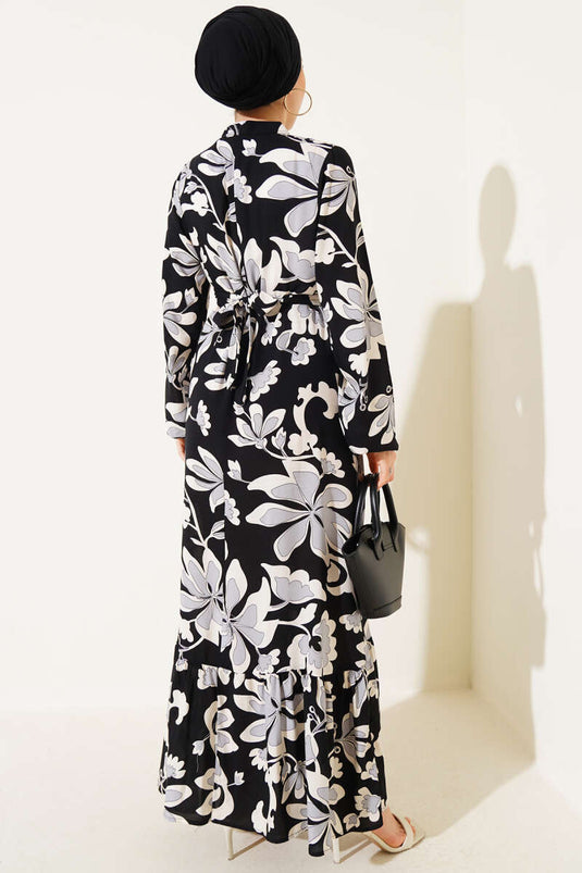 فستان أسود منقوش بحزام