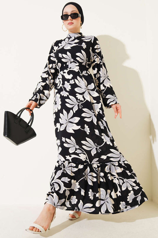 فستان أسود منقوش بحزام