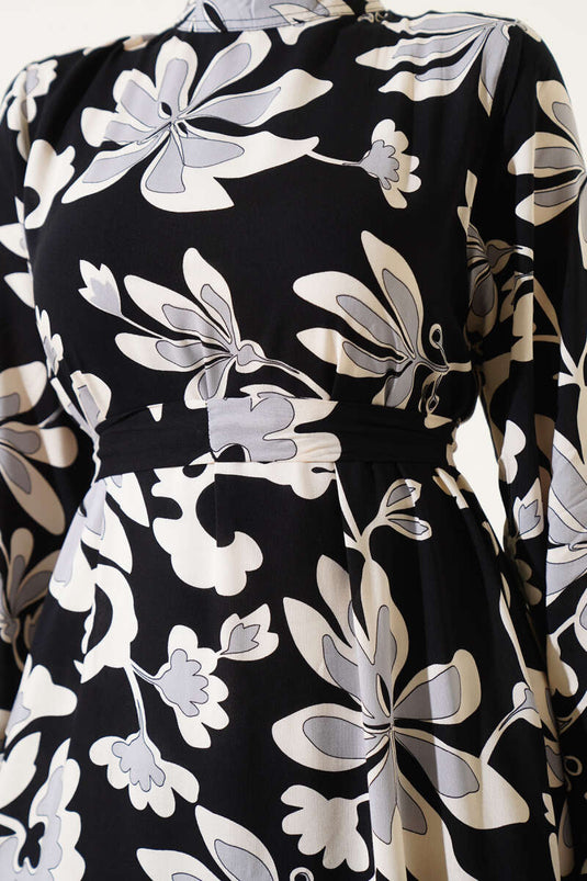 فستان أسود منقوش بحزام