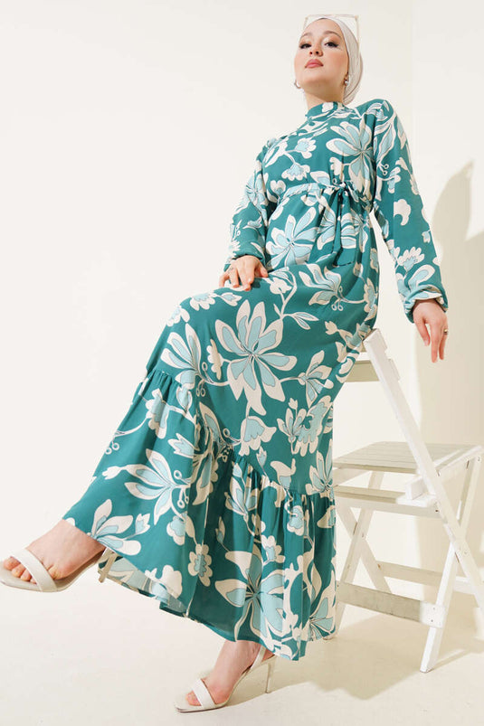 Volanlı Desenli Kuşaklı Elbise Yeşil