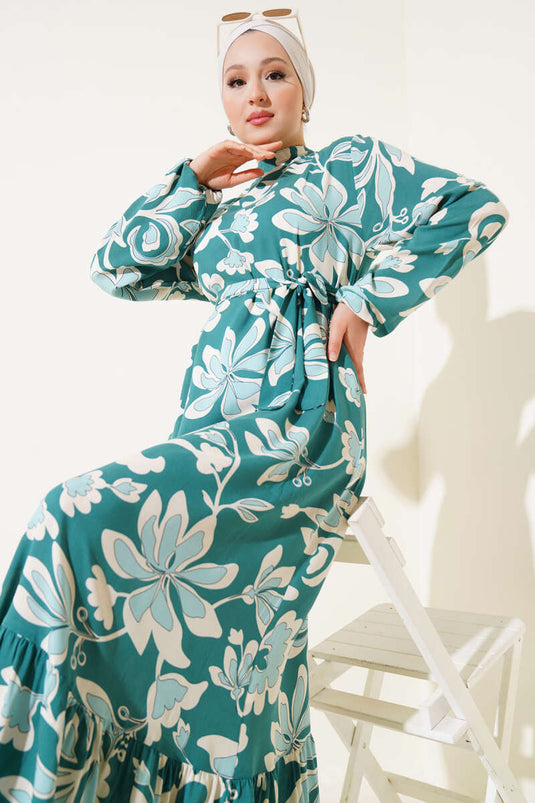 Volanlı Desenli Kuşaklı Elbise Yeşil