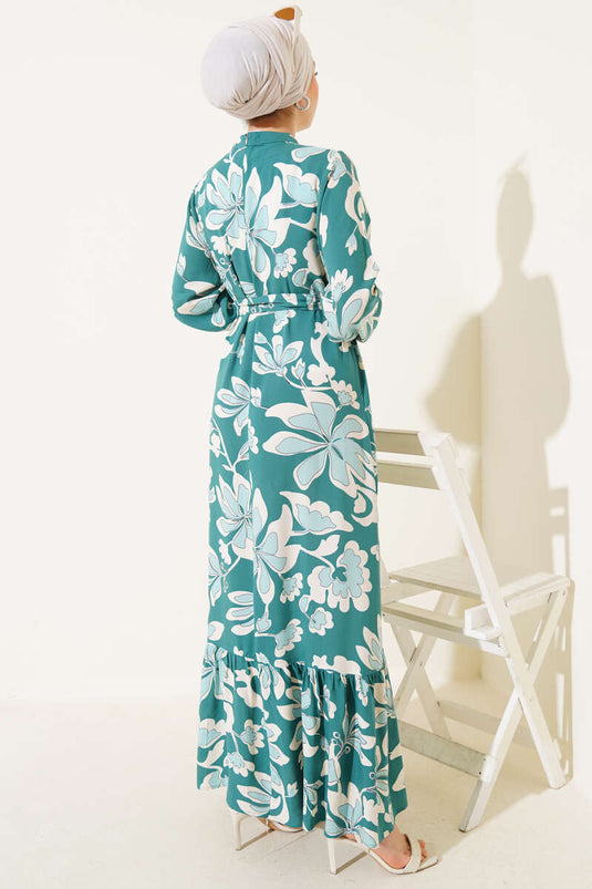 Volanlı Desenli Kuşaklı Elbise Yeşil