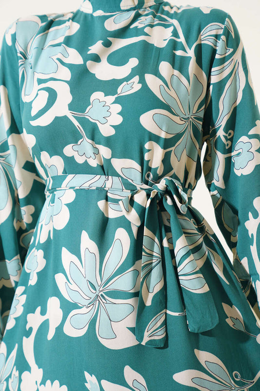 Volanlı Desenli Kuşaklı Elbise Yeşil