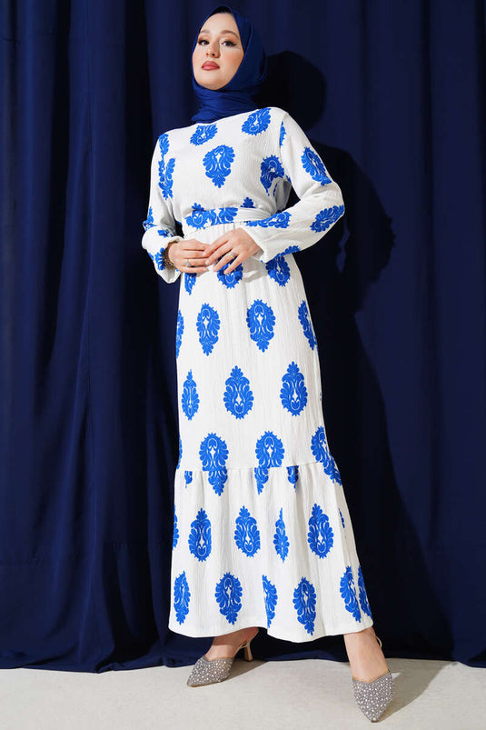 Volanlı Kuşaklı Desenli Bürümcük Elbise Saks