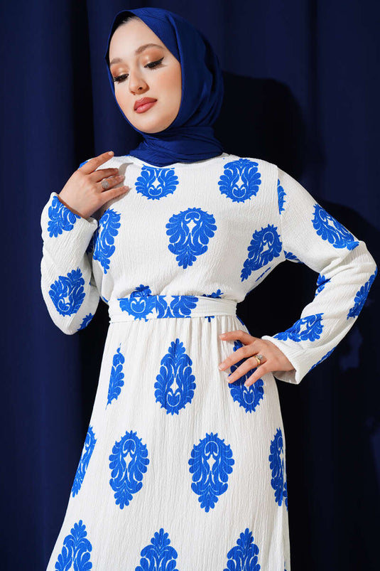 Volanlı Kuşaklı Desenli Bürümcük Elbise Saks