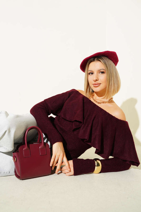 Volanlı Triko Kazak Bordo