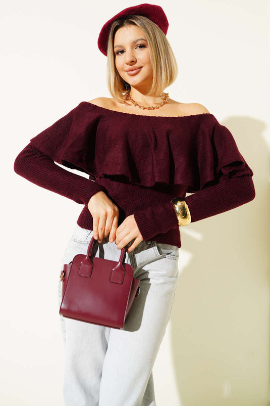 Volanlı Triko Kazak Bordo