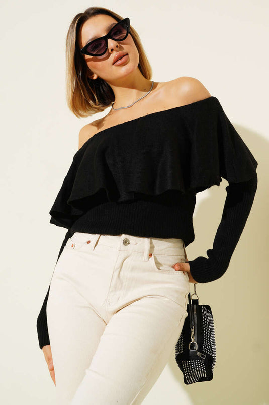 Ruffled Knit Sweater, Black