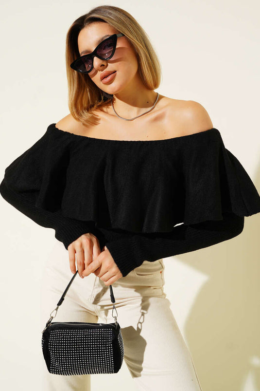 Ruffled Knit Sweater, Black