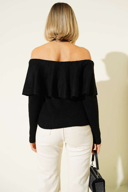 Ruffled Knit Sweater, Black