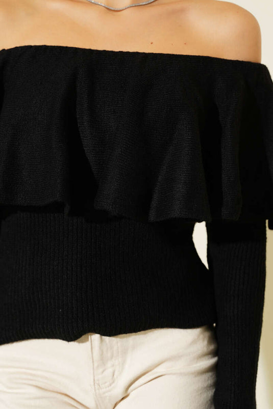 Ruffled Knit Sweater, Black