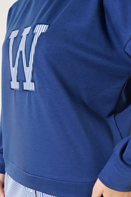 W Printed Striped Garnished Two Piece Suit Indigo