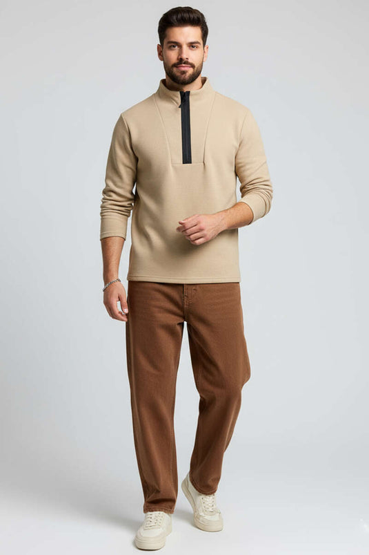سويت شيرت رجالي بيج اللون بسحاب أمامي بنمط الوافل