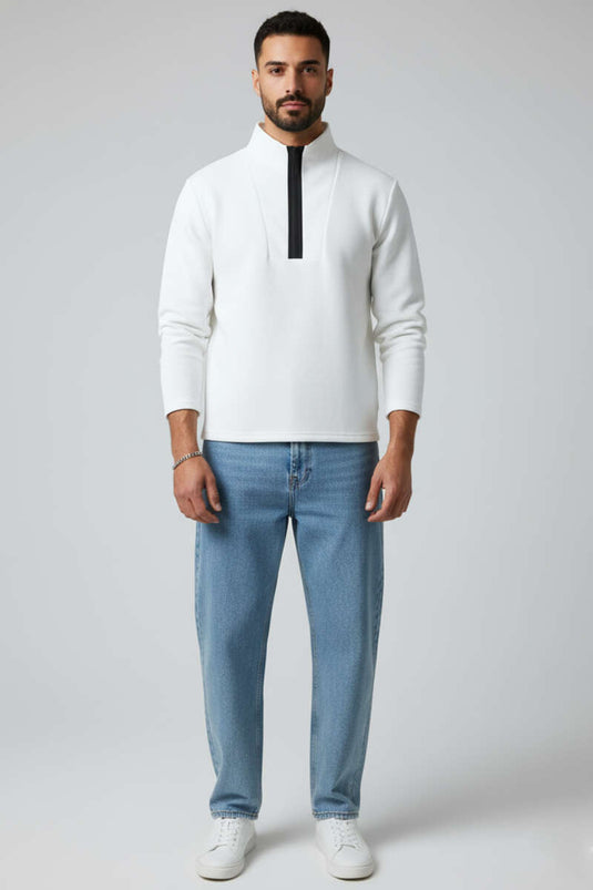 سويت شيرت رجالي بسحاب أمامي بنمط الوافل، لون بيج فاتح