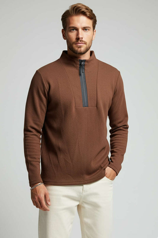 سويت شيرت رجالي بسحاب أمامي بنمط الوافل، لون قهوة
