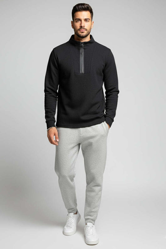 سويت شيرت رجالي أسود بسحاب أمامي بنمط الوافل