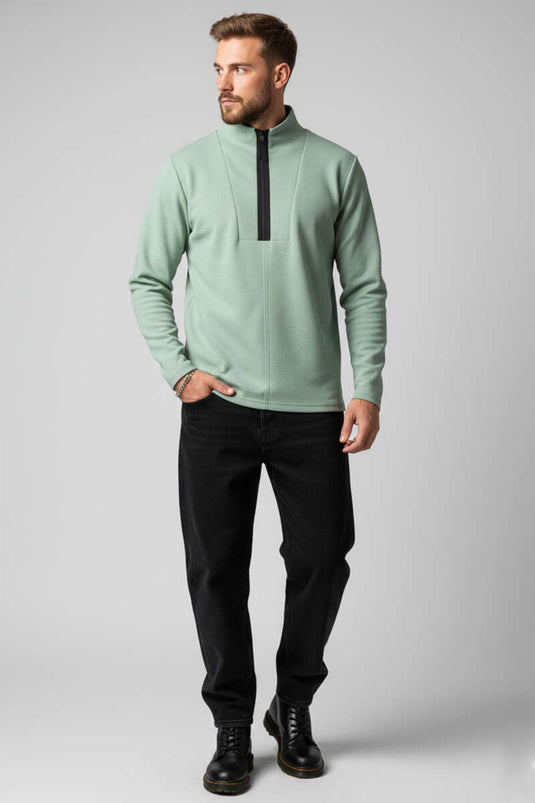 سويت شيرت رجالي بسحاب أمامي بنمط الوافل، لون أخضر مائي