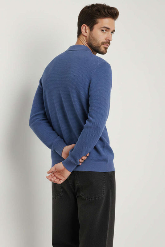 Felpa da uomo in tessuto waffle con collo polo e zip, indaco