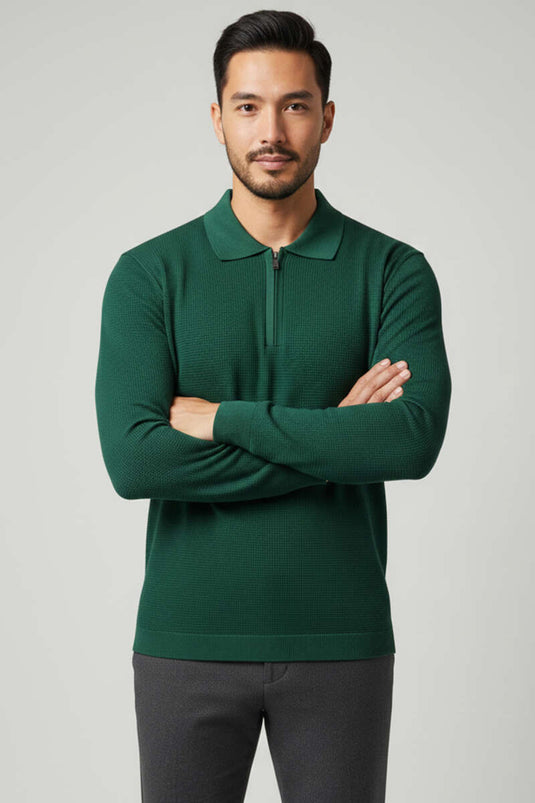 سويت شيرت رجالي بياقة بولو بسحاب من قماش الوافل بلون أخضر زيتوني