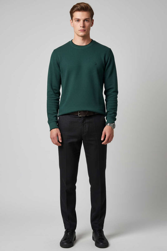 سويت شيرت محبوك مطرز بنمط الوافل، أخضر داكن