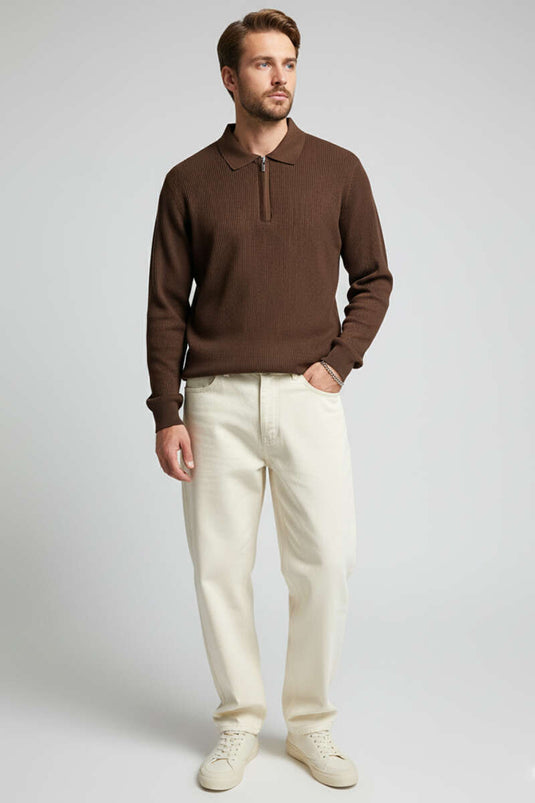 Waffle Polo Yaka Triko Erkek Kazak Kahve