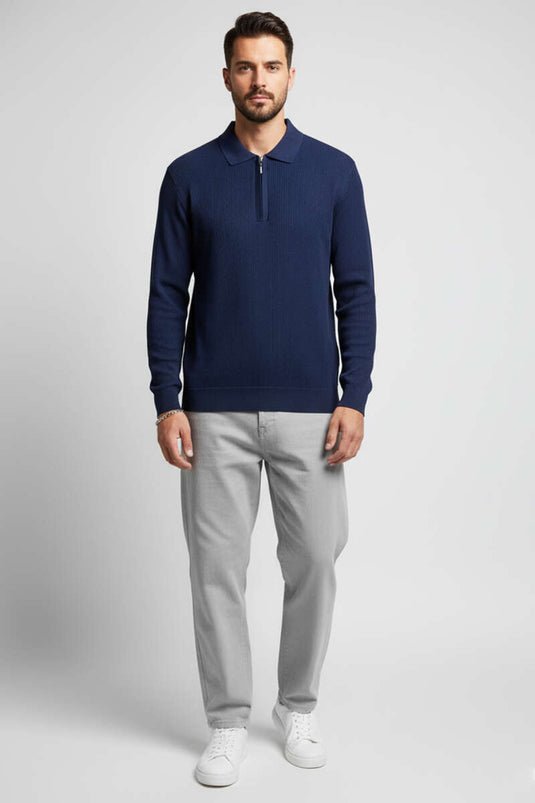 كنزة رجالية محبوكة بياقة بولو بنمط الوافل، لون أزرق داكن