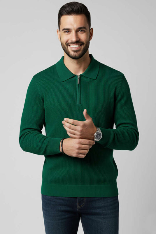 Herrenpullover mit Waffel-Polokragen, dunkelgrün