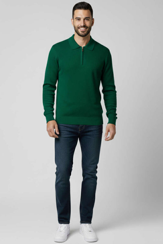 Pull homme en maille à col polo gaufré, vert foncé