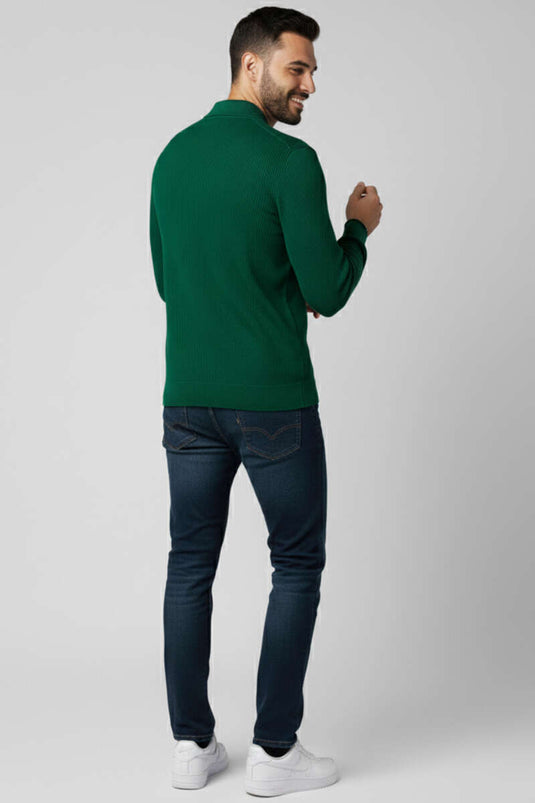 Pull homme en maille à col polo gaufré, vert foncé