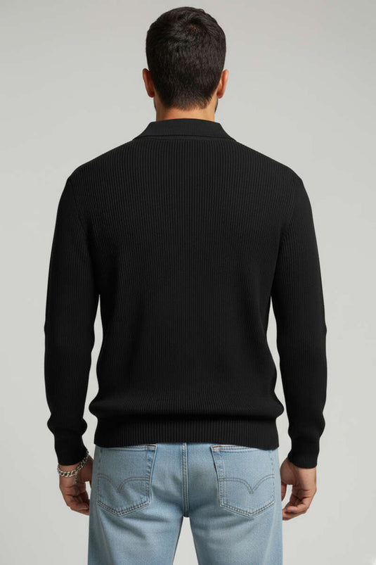 كنزة صوفية رجالية بياقة بولو بنمط الوافل، سوداء