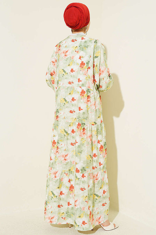 Robe à col officier motif aquarelle verte
