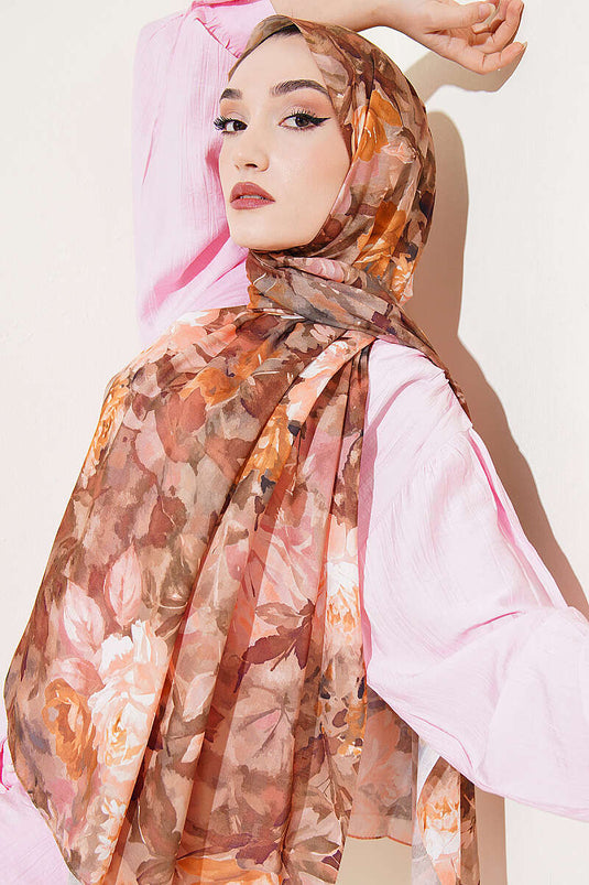 Watercolor Flower Pattern Scarf Khaki