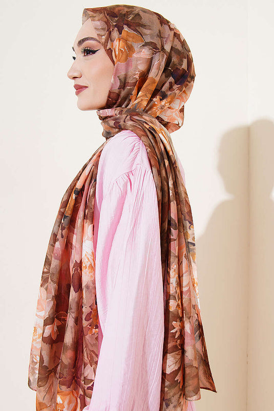 Watercolor Flower Pattern Scarf Khaki