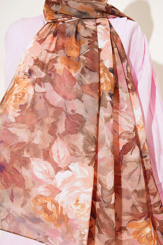 Watercolor Flower Pattern Scarf Khaki