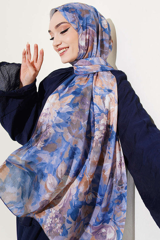 وشاح ديزين أزهار بالألوان المائية باللون النيلي