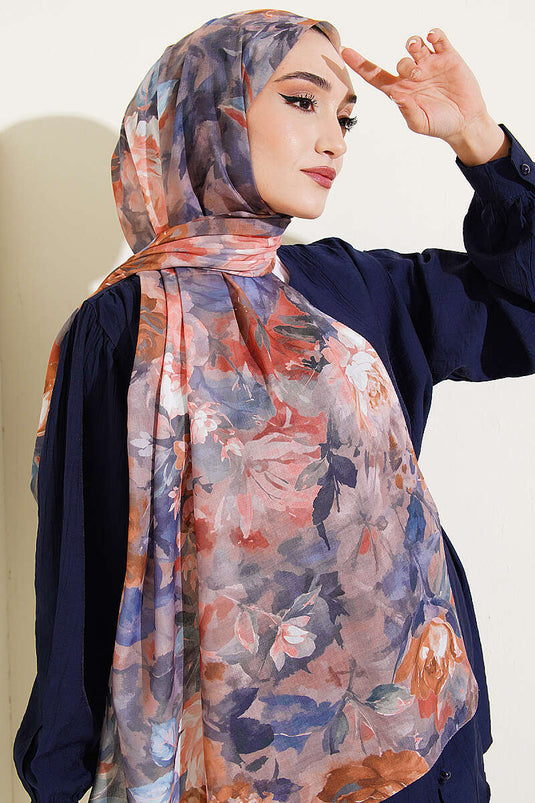 Watercolor Flower Desen Şal Mavi Somon