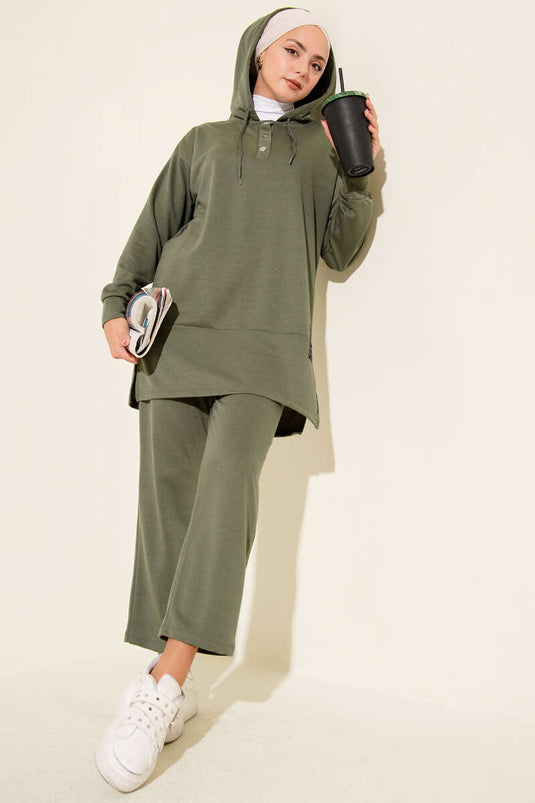 What Ever Emblem Hooded Two Piece Suit Khaki