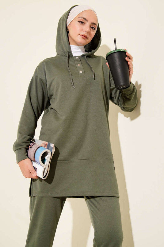 What Ever Emblem Hooded Two Piece Suit Khaki