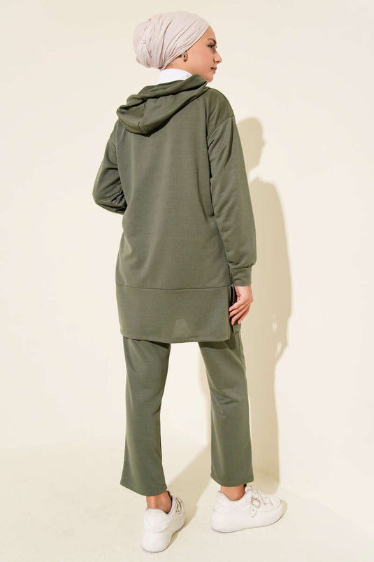 What Ever Emblem Hooded Two Piece Suit Khaki