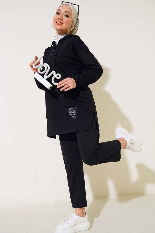 What Ever Emblem Hooded Two-Piece Set Black