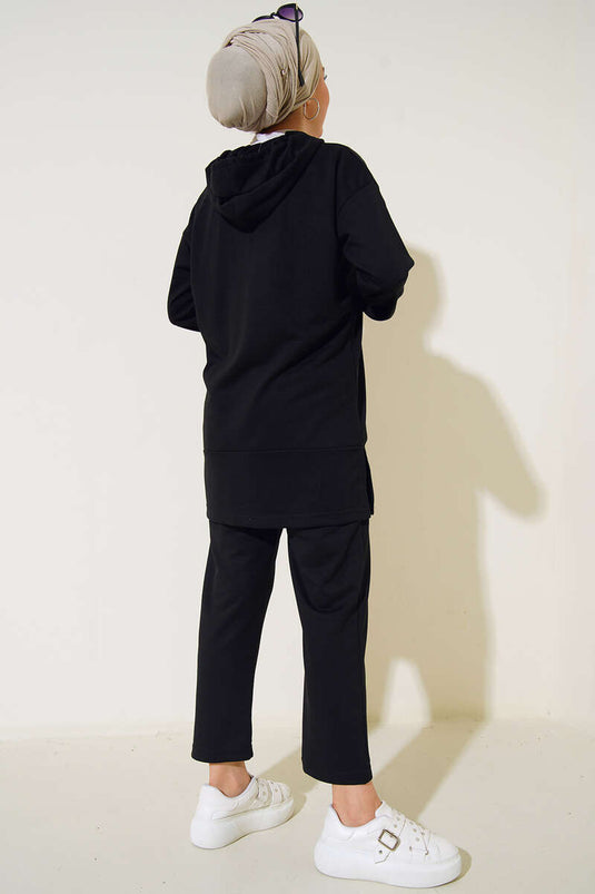 What Ever Emblem Hooded Two-Piece Set Black