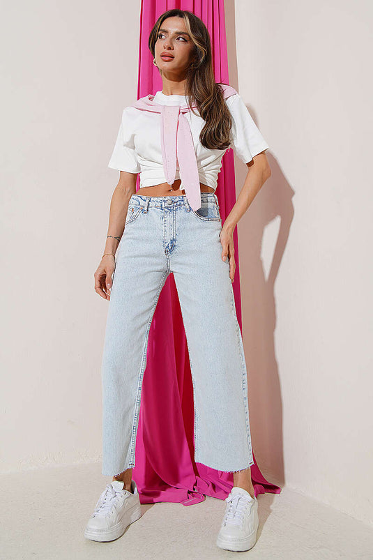 Wide Leg Kesik Paça Kot Pantolon Açık Kar